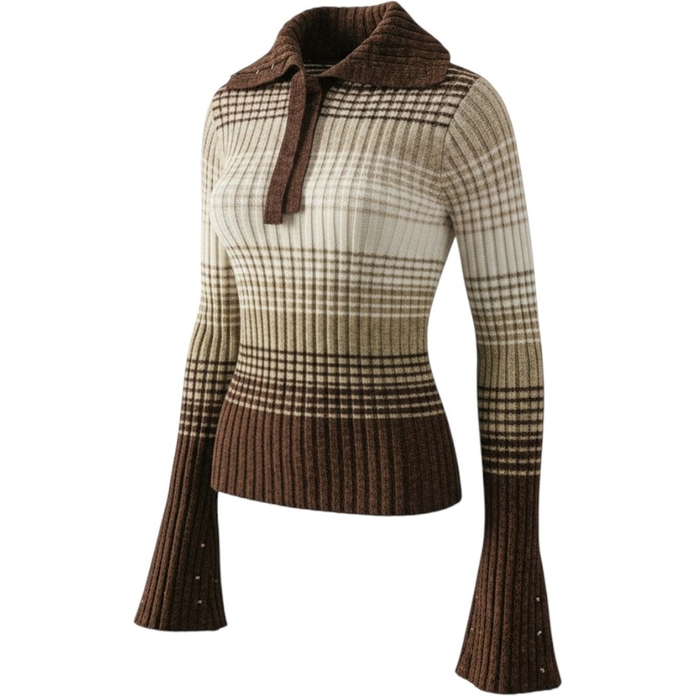 Derek Heart Sweater Women Medium Brown Plaid Ribbed Hook Eye Y2K Earthcore